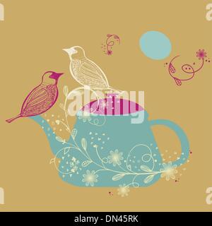 Birds couple on the teapot, hand drawn vector illustration Stock Vector