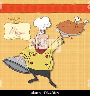 funny cartoon chef with tray of food in hand Stock Vector