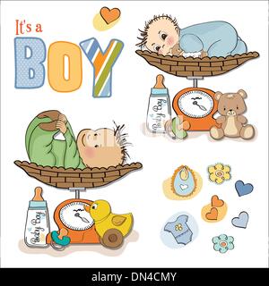 baby boy weighed on the scale, items set on white background Stock Vector