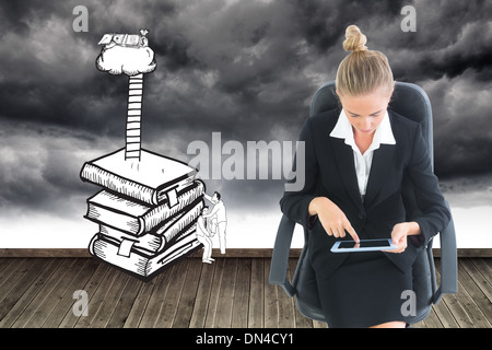 Composite image of businesswoman sitting on swivel chair with tablet Stock Photo