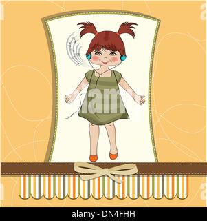 young girl listening to music on headphones and dancing Stock Vector