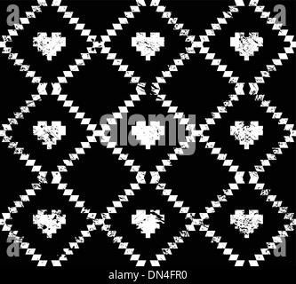 Seamless aztec tribal pattern with hearts - grunge, retro style Stock Vector