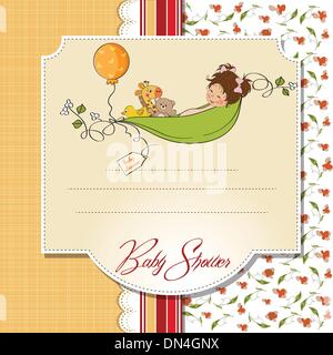 little girl siting in a pea been. baby announcement card Stock Vector