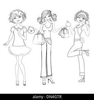 three cute fashion girls, black and white vector illustration is Stock Vector