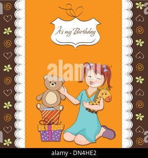 little girl playing with her birthday gifts . happy birthday car Stock Vector