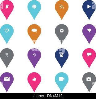 Social technology and media icon set in pinpoint shape Stock Vector