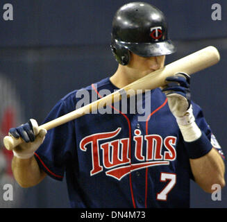 Oct 01, 2006; Minneapolis, MN, USA; Twin JOE MAUER kisses his bat before one of his plate appearances against White Sox pitching, Sunday. Mandatory Credit: Photo by Marlin Levison/Minneapolis Star T/ZUMA Press. (©) Copyright 2006 by Minneapolis Star T
