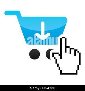 Shopping car glossy icon with cursor hand icon Stock Vector