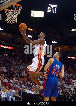 Nov 30, 2006; Miami, FL, USA; Detroit Pistons forward Tayshaun Prince (22) watches Miami Heat forward Dorell Wright (1) scores two points during the first quarter at the American Airlines Area Thursday, Nov.30. 2006, in Miami. Mandatory Credit: Photo by Steve Mitchell/Palm Beach Post/ZUMA Press. (©) Copyright 2006 by Palm Beach Post Stock Photo