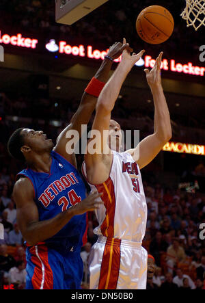 Nov 30, 2006; Miami, FL, USA; Miami Heat center Michael Doleac (51) is fouled by Detroit Pistons forward Antonio McDyess (24) during the second quarter at the American Airlines Area Thursday, Nov. 30, 2006, in Miami. Mandatory Credit: Photo by Steve Mitchell/Palm Beach Post/ZUMA Press. (©) Copyright 2006 by Palm Beach Post Stock Photo