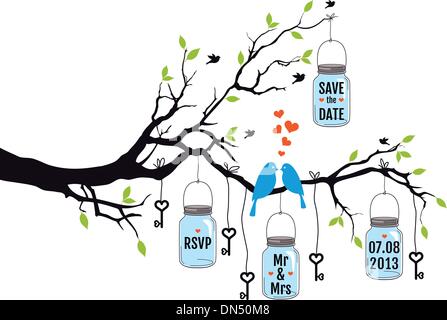 wedding invitation, birds on tree with jars, vector Stock Vector