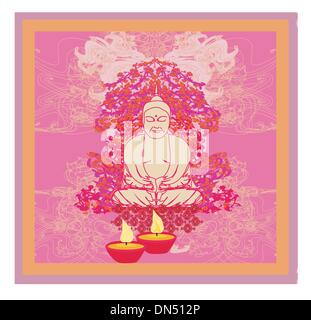 Lotus Oil Lamp with Buddha card Stock Vector