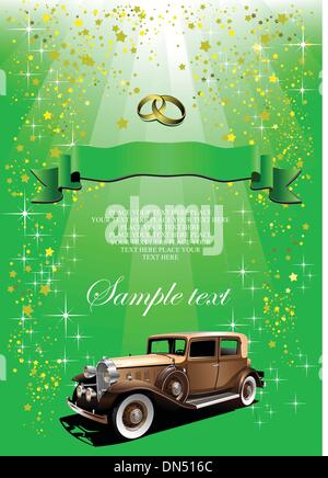 Holiday green background with green ribbon and retro car. Vector Stock Vector