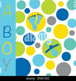 Baby newborn birth announcement card boy with baby feet, dummy a Stock Vector