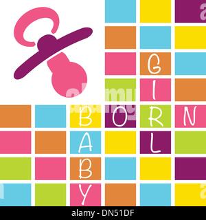 Baby newborn card girl with blocks and dummy in pink shades Stock Vector