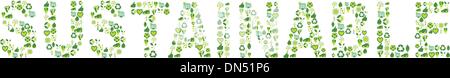 Word Sustainable filled with eco friendly and bio related icons Stock Vector