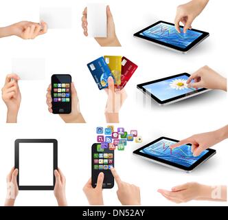 Set of hands holding different business objects. Vector illustra Stock Vector