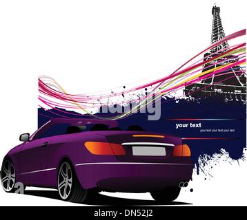 Purple cabriolet  car with Paris  image background. Stock Vector