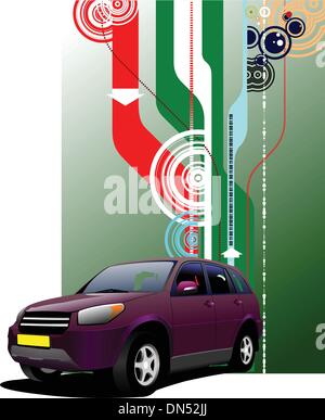Cover for brochure with purple mini-van on the road. Vector illu Stock Vector