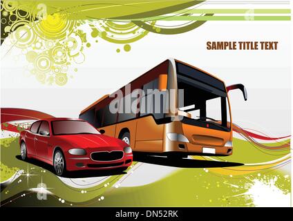 Green and Yellow grunge background with bus and car images Stock Vector