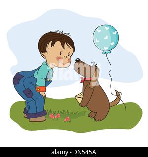 little boy and his dog, birthday card Stock Vector