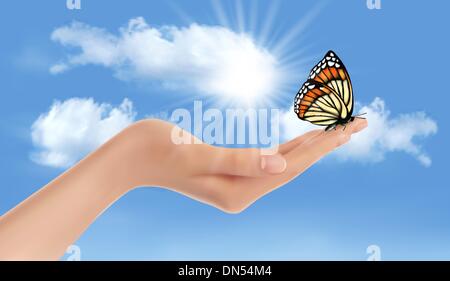 Hand holding a butterfly against a blue sky and sun. Vector illu Stock Vector