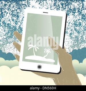 Summer travel conceptual illustration. Smart phone in hand. Vect Stock Vector