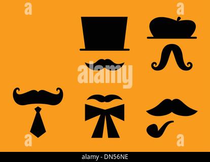 Mustaches and hats retro accessories isolated on orange Stock Vector