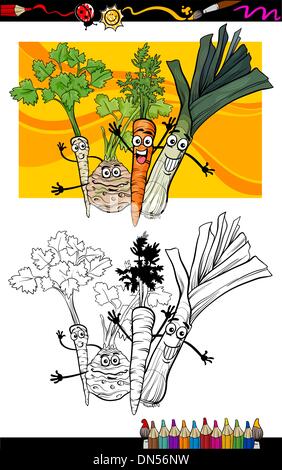 comic vegetables group for coloring book Stock Vector