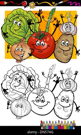 vegetables group cartoon for coloring book Stock Vector