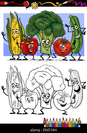vegetables comic group for coloring book Stock Vector