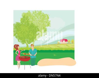 vector illustration of a family having a picnic Stock Vector