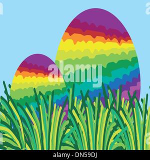 two rainbow easter eggs hidden in the grass Stock Vector