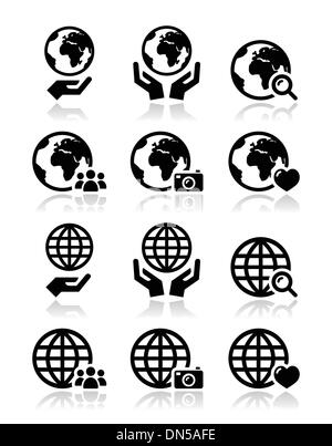 Globe earth with hands vector icons set with reflection Stock Vector