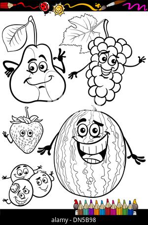 Coloring book, page set. Fruits collection. Sketch and color version