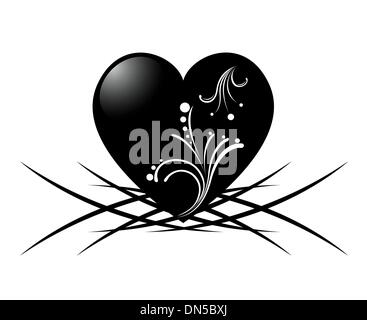 black and white tattoo of a heart with floral pattern on a white background Stock Vector
