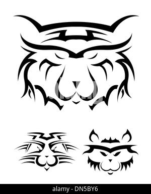set of black and white tattoos in the form of a wild cat on a white background Stock Vector