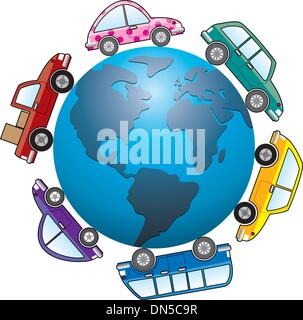cars around earth globe Stock Vector