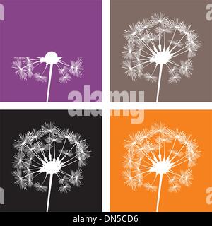 Vector white dandelion silhouette icon on colorful violet, orange, brown and black backgrounds. Stock Vector