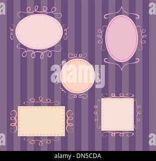 Empty retro vector frames set. Cute pink, orange and violet whimsy hand drawn design elements for picture or text Stock Vector