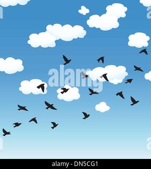 vector flying birds and clouds in the sky Stock Vector
