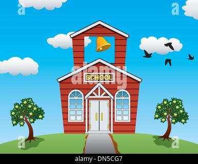 vector country school house, apple trees, clouds and flying bird Stock Vector