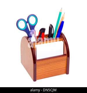 Office wooden stand for pens and pencils on a white background Stock Photo