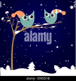 simple card illustration of two funny cartoon owls with christmas hats on a branch Stock Vector