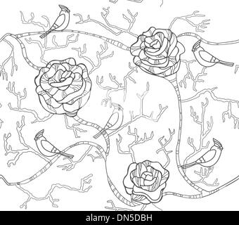 Abstract black and white seamless flower pattern with roses and Stock Vector