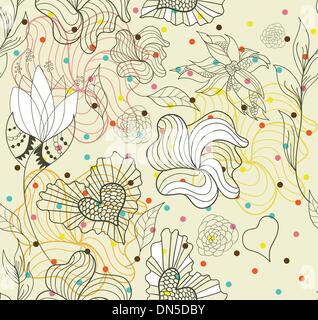 Abstract seamless doodle flowers and hearts pattern with dots Stock Vector