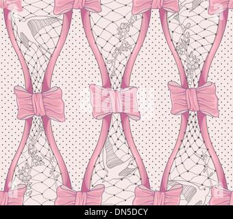 Seamless pattern with flowers, birds and bows. Polka dot background. Stock Vector