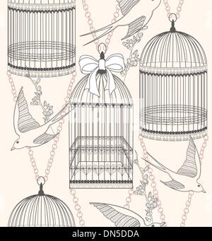 Seamless pattern with birdcages, flowers and birds. Stock Vector