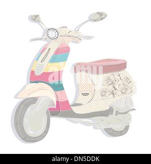 Colorful vintage scooter. Postcard, greeting card or invitation. Stock Vector