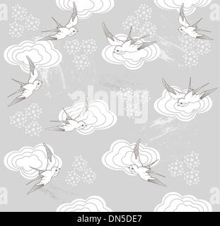 Cute seamless swallow and cloud pattern Stock Vector